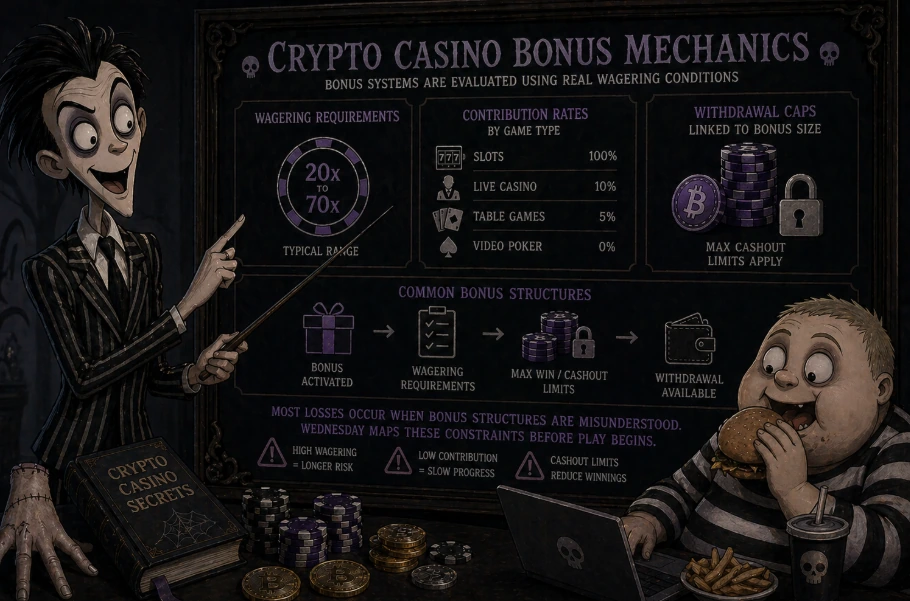 Gothic-style infographic explaining crypto casino bonus mechanics, including wagering requirements, contribution rates, and withdrawal limits in blockchain gambling systems