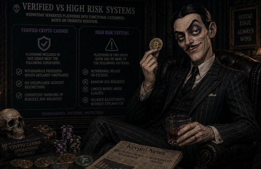 Dark infographic comparing verified vs high risk crypto casinos, highlighting withdrawal reliability, KYC behavior, and transparency differences in gambling platforms