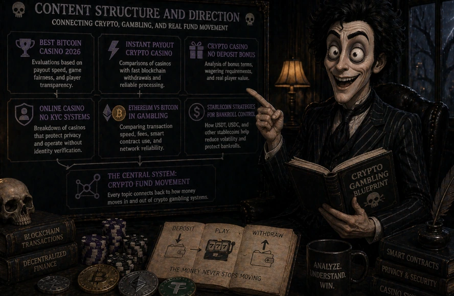 Gothic-style strategist illustrating crypto gambling content structure, connecting bitcoin casinos, no KYC systems, payout mechanics, and stablecoin strategies within a unified fund movement framework