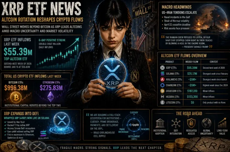 Wednesday-style gothic girl holding a glowing XRP coin in a dark cinematic scene surrounded by ETF inflow charts, crypto data panels, and macro risk visuals highlighting XRP ETF news and altcoin capital rotation