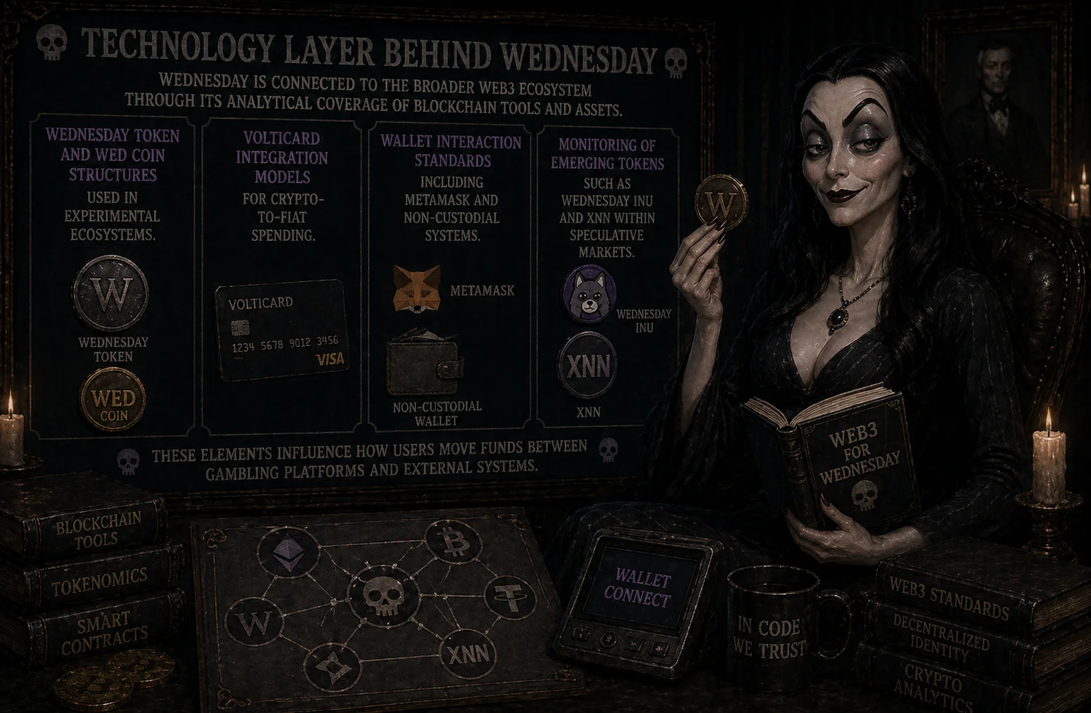 Gothic-style crypto analytics scene showing Web3 infrastructure, including tokens, wallet connections, and blockchain tools influencing fund movement between gambling platforms