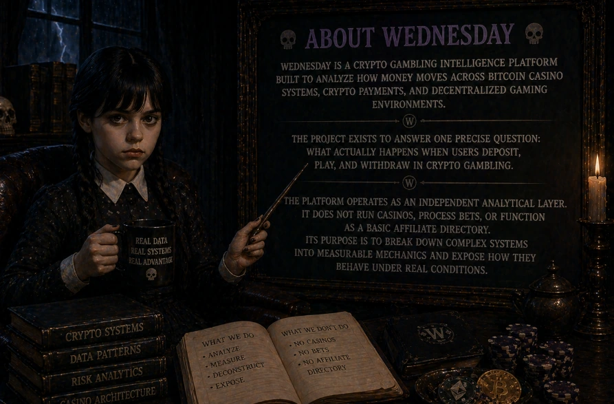 Gothic girl presenting crypto gambling analysis on board with real data notes, books, and dark analytical classroom setting
