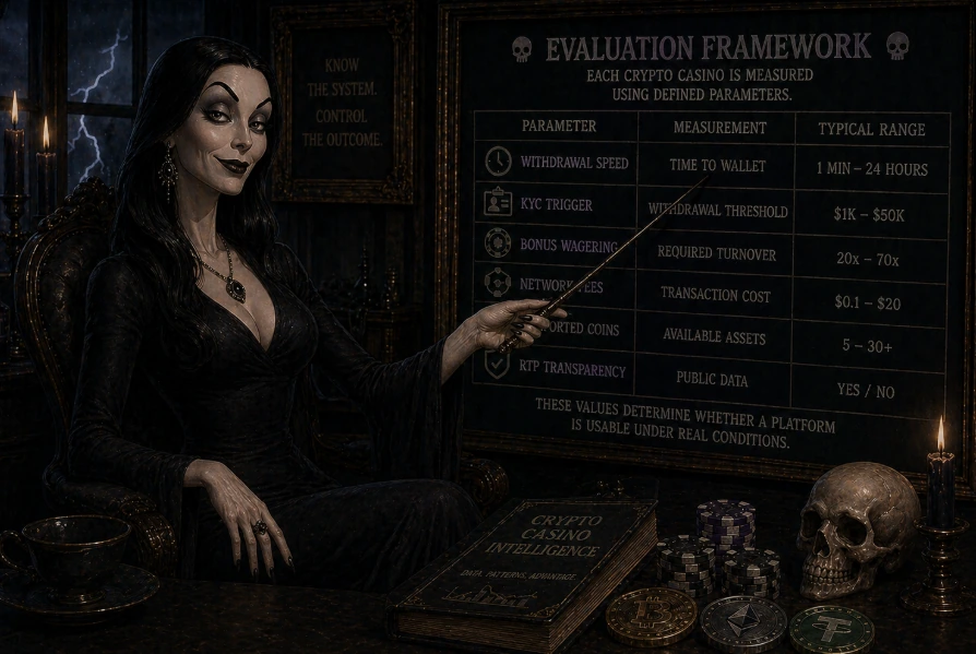 Gothic-style analyst presenting crypto casino evaluation framework, highlighting parameters like withdrawal speed, KYC triggers, wagering requirements, and transaction costs in blockchain gambling systems