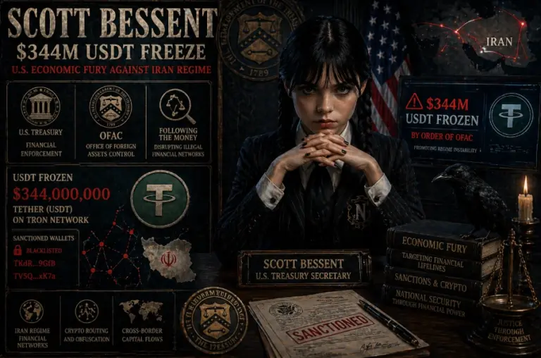 Scott Bessent crypto enforcement scene with Wednesday analyzing USDT freeze, sanctions, and blockchain financial tracking in dark gothic style