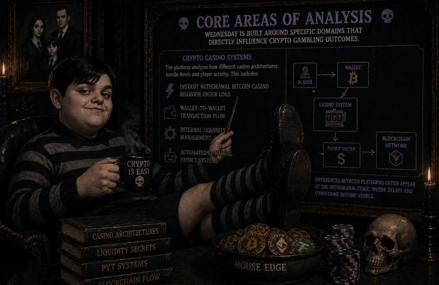 Gothic-style character analyzing crypto casino systems, focusing on withdrawal behavior, liquidity flow, and payout logic across blockchain-based gambling platforms