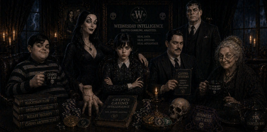 Dark gothic family gathered around a table with crypto casino books, coins, skull decor, and analytics theme showing crypto gambling intelligence concept
