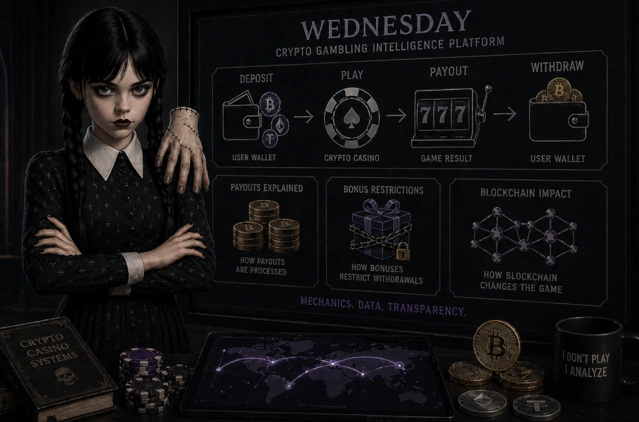 Dark analytical dashboard explaining crypto casino mechanics, including payouts, bonus restrictions, and blockchain-based transaction flow in gambling systems