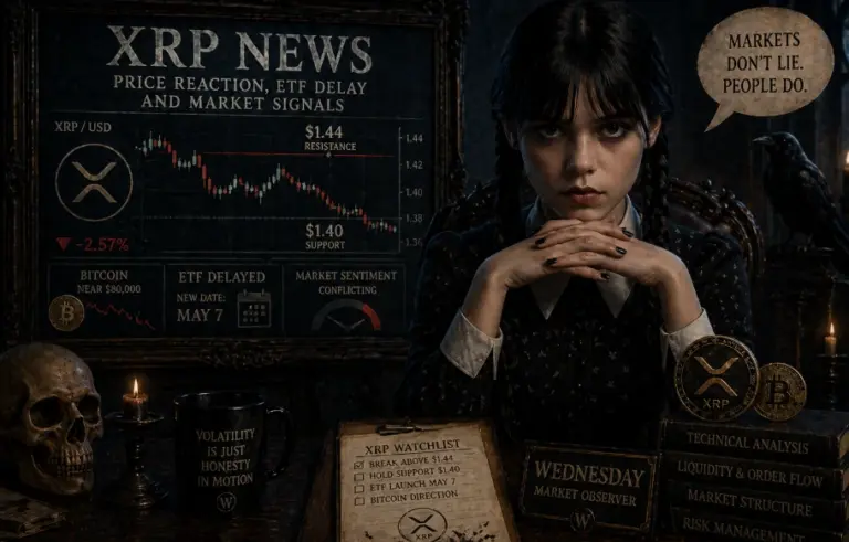 Wednesday analyzing XRP news with crypto charts, resistance levels, and bitcoin market impact in a dark gothic trading environment