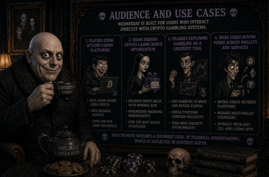 Gothic-style character representing crypto gambling audience segments, including players, bonus seekers, traders, and Web3 users interacting across casino platforms and wallets