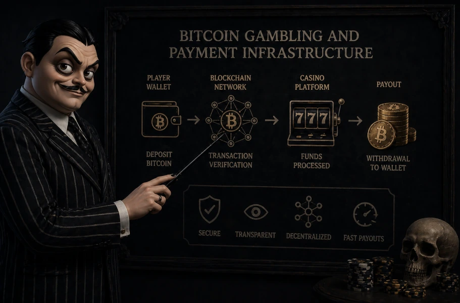 Dark infographic of bitcoin gambling payment infrastructure showing wallet deposit, blockchain verification, casino gameplay, and payout flow with BTC transactions