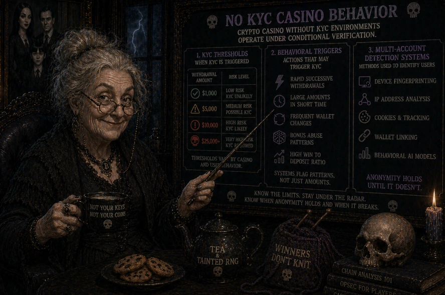 Dark analytical scene showing no KYC crypto casino behavior, highlighting conditional verification triggers, withdrawal thresholds, and anonymity risks in gambling platforms