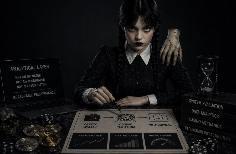 Wednesday-style gothic character analyzing crypto casino flow, showing wallet deposit, gameplay interaction, and withdrawal tracking within a structured blockchain evaluation system