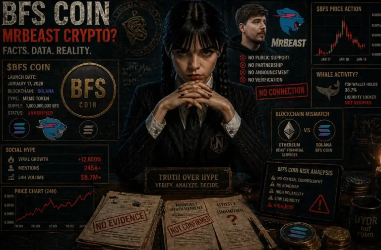 Wednesday-style gothic girl at a dark desk surrounded by BFS coin data, crypto symbols, price charts, and warning overlays highlighting unverified MrBeast crypto claims and high-