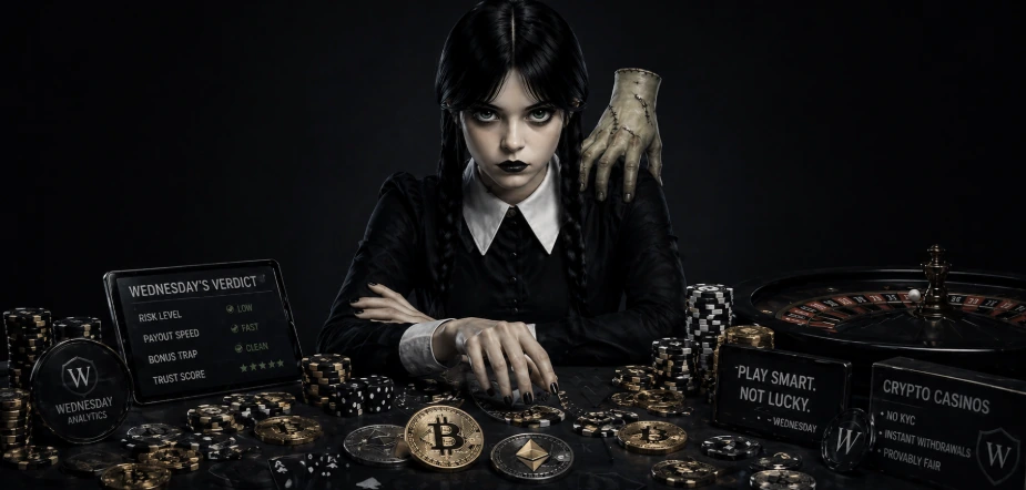 Dark gothic woman resembling Wednesday Addams sitting at a casino table with cryptocurrency coins, poker chips, and a roulette wheel, creating a moody crypto gambling atmosphere.