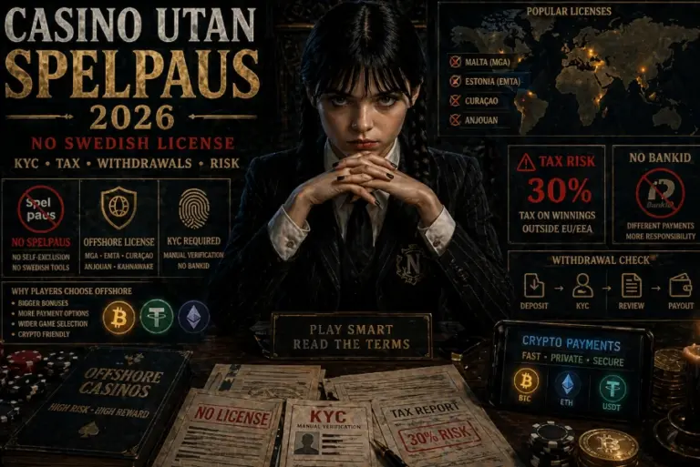 Wednesday-style gothic girl sitting at a dark desk surrounded by crypto symbols, casino chips, and financial data overlays illustrating casino utan spelpaus, KYC checks, offshore licenses, and gambling risk in 2026